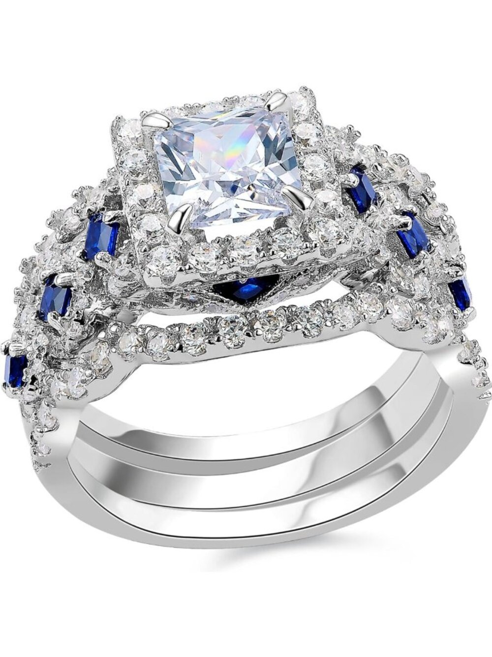 Elegant 3PCS Women's Wedding Ring Set with Blue Sapphire - Princess Style